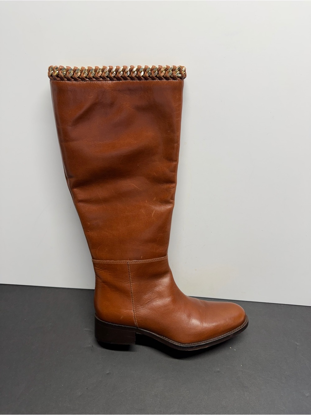 Women's Chain-Trim Leather Riding Boot - Brown